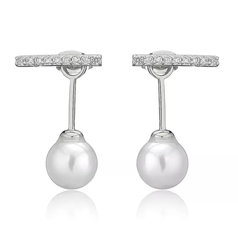 2-in-1 Zircon Studded Pearl Drop Front and Back Earrings - Silver | Salty