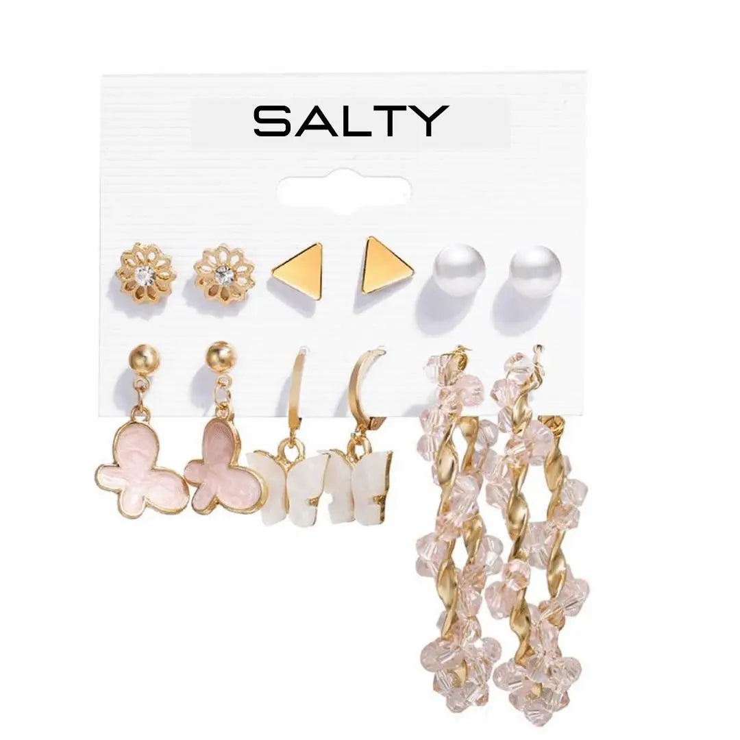 Set of 6 Pink Hoops and Butterfly Earrings and Studs | Salty