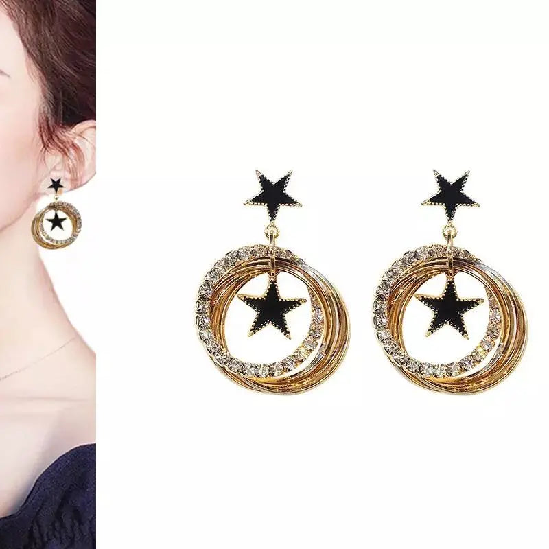 Double Star Black Enamel Circle Earrings | Salty