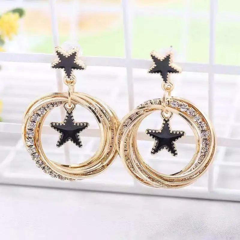 Double Star Black Enamel Circle Earrings | Salty