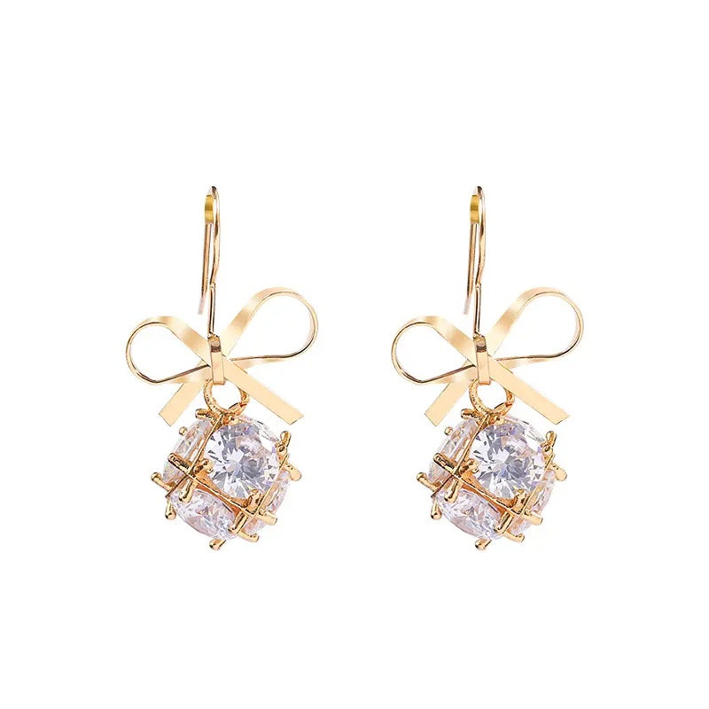 Bling Stone Bow Earrings - Gold