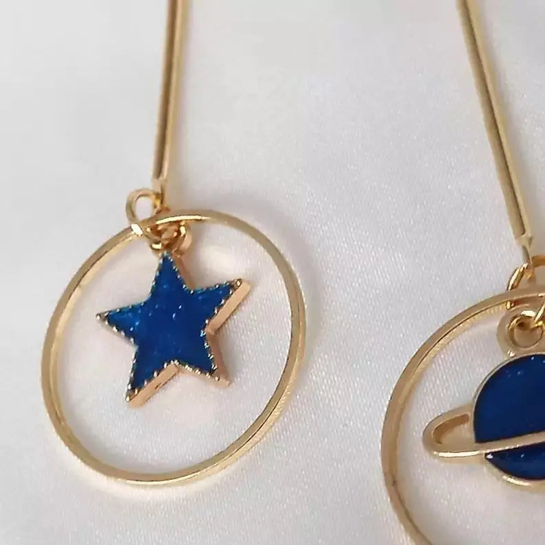 Blue Star Planet Dangle Hoop Earrings | Salty