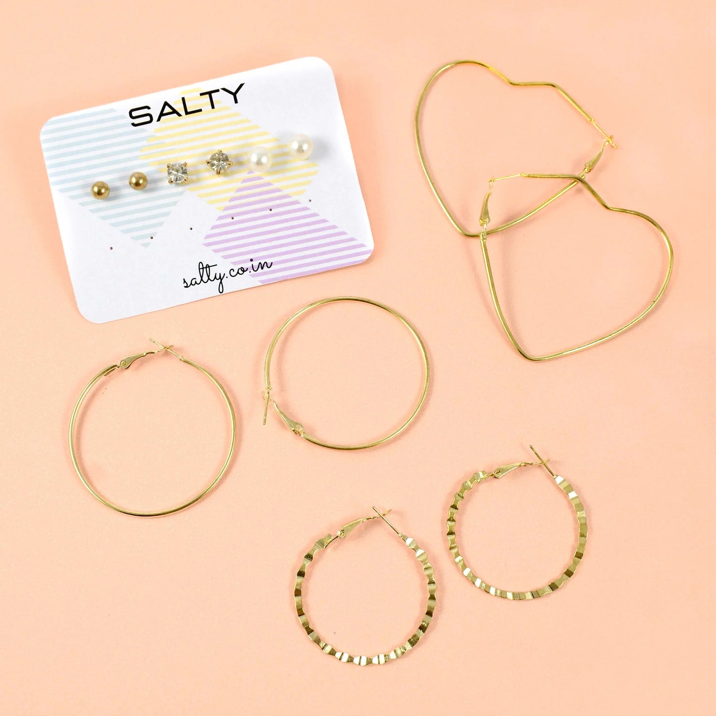 Set of 6 Heart Round Hoop Textured Earrings - Gold with Rhinestone and Pearl Studs