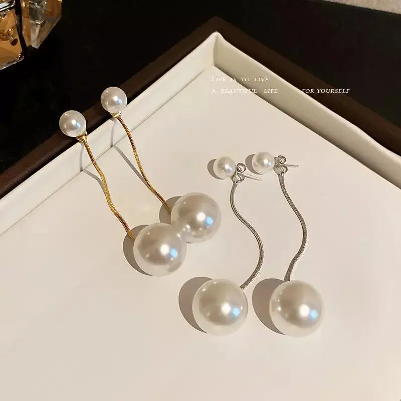 2-in-1 Big Pearl Dangle Drop Earrings - Gold | Salty