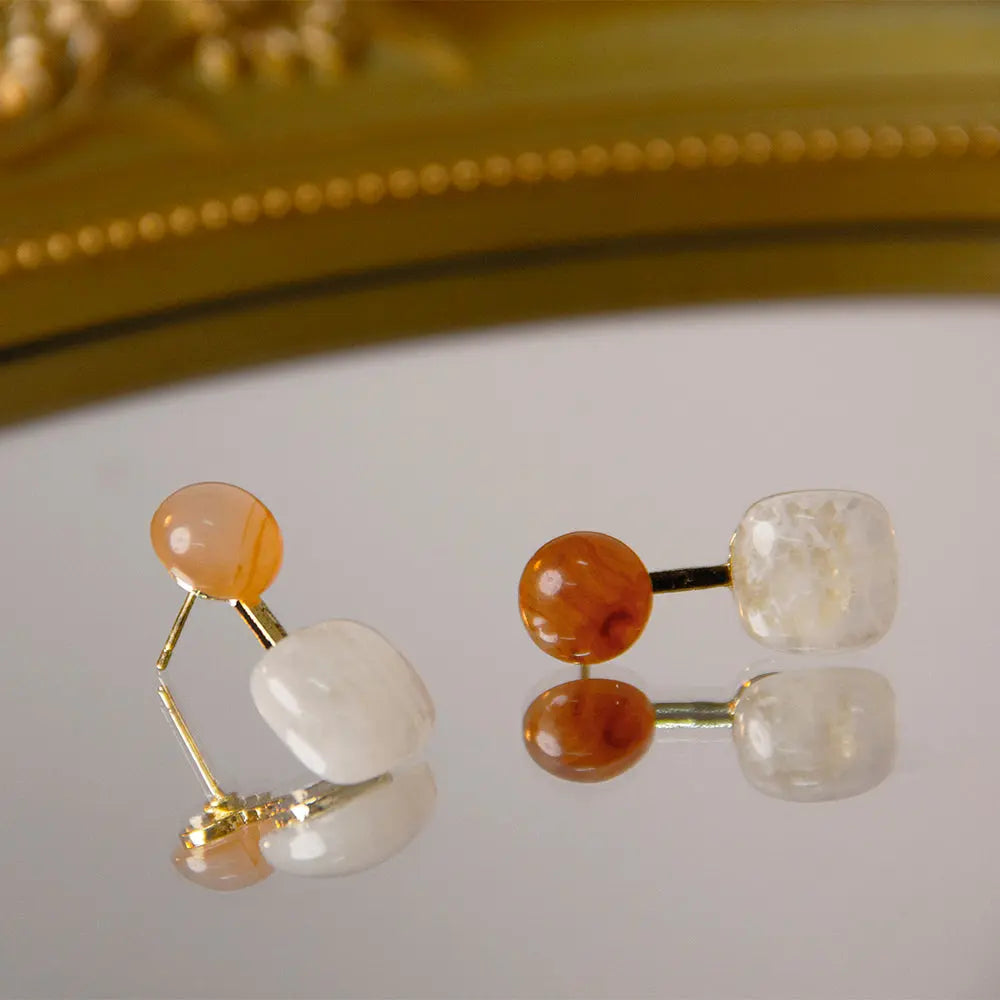 French Vintage Semitransparent Oblate Goldplated Stud Earrings
