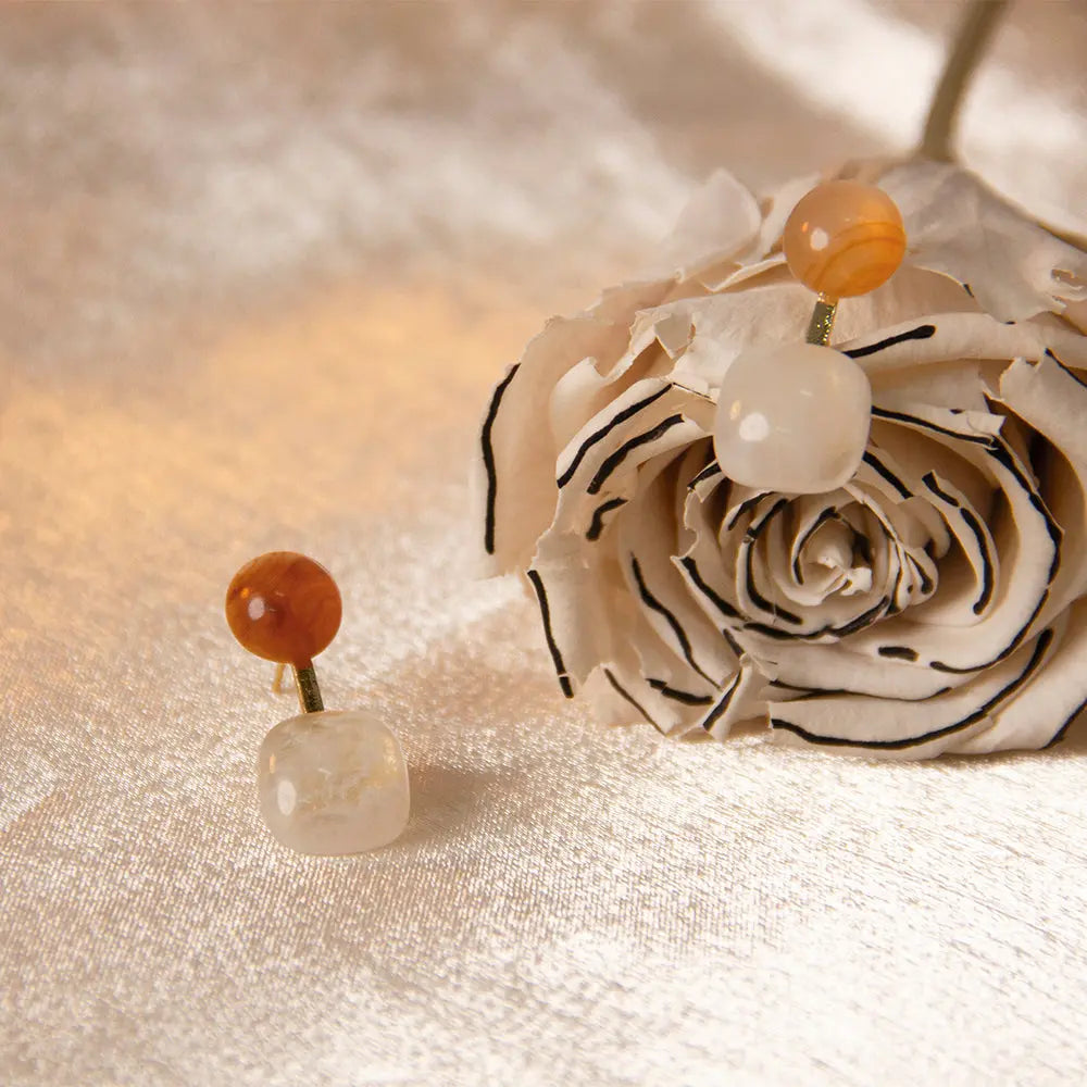 French Vintage Semitransparent Oblate Goldplated Stud Earrings