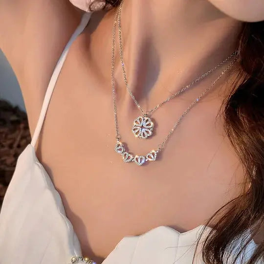 Hyacinth 4-pcs Zircon Heart Magnetic Clover Necklace - Silver