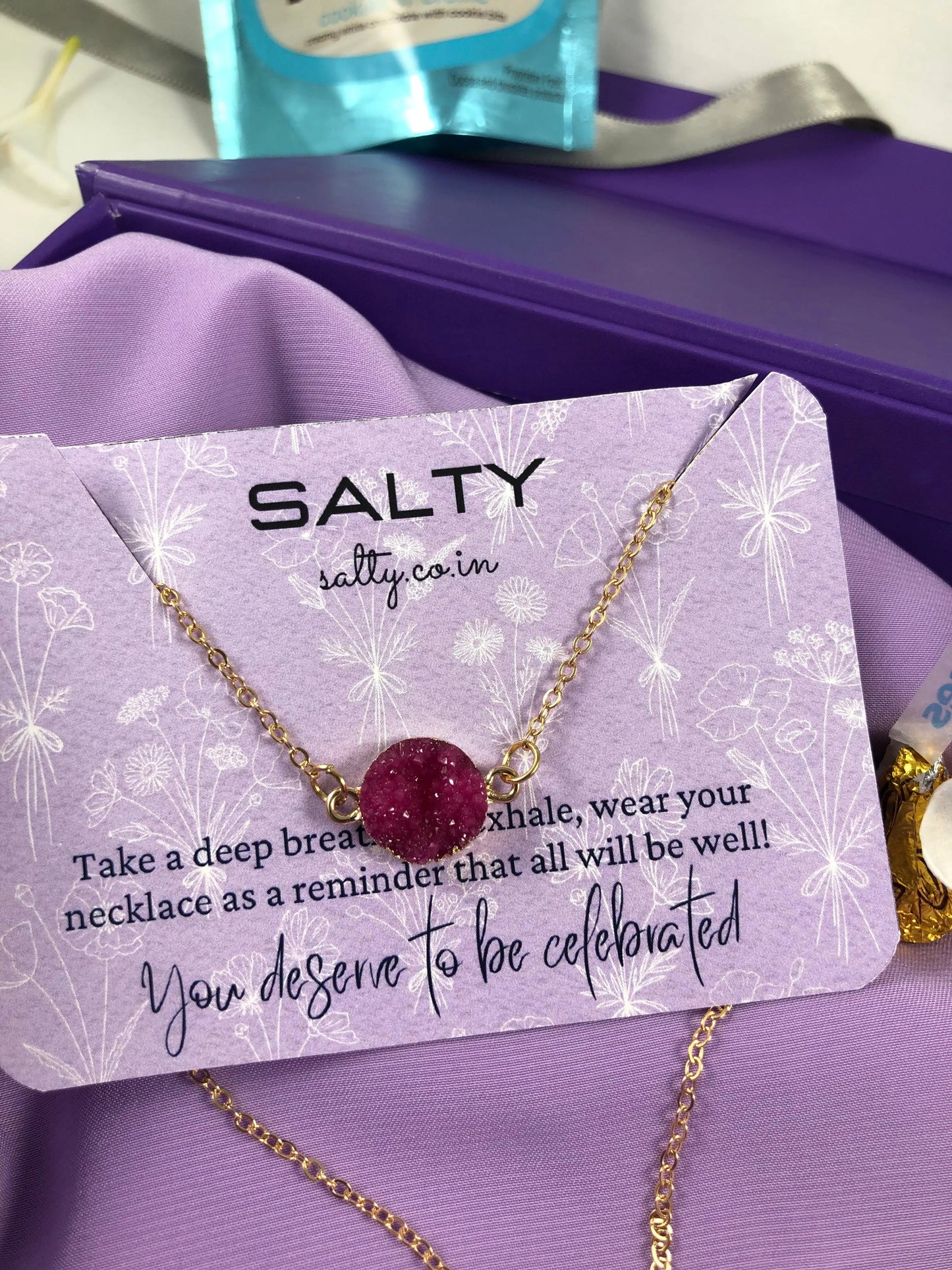 Fuchsia Druzy Crystal Round Charm Necklace - Gold