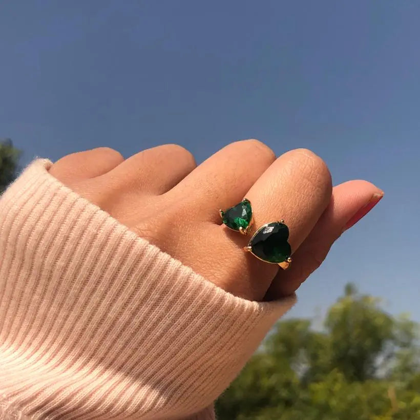 Emerald Double Heart Kylie Love Ring - Gold | Salty