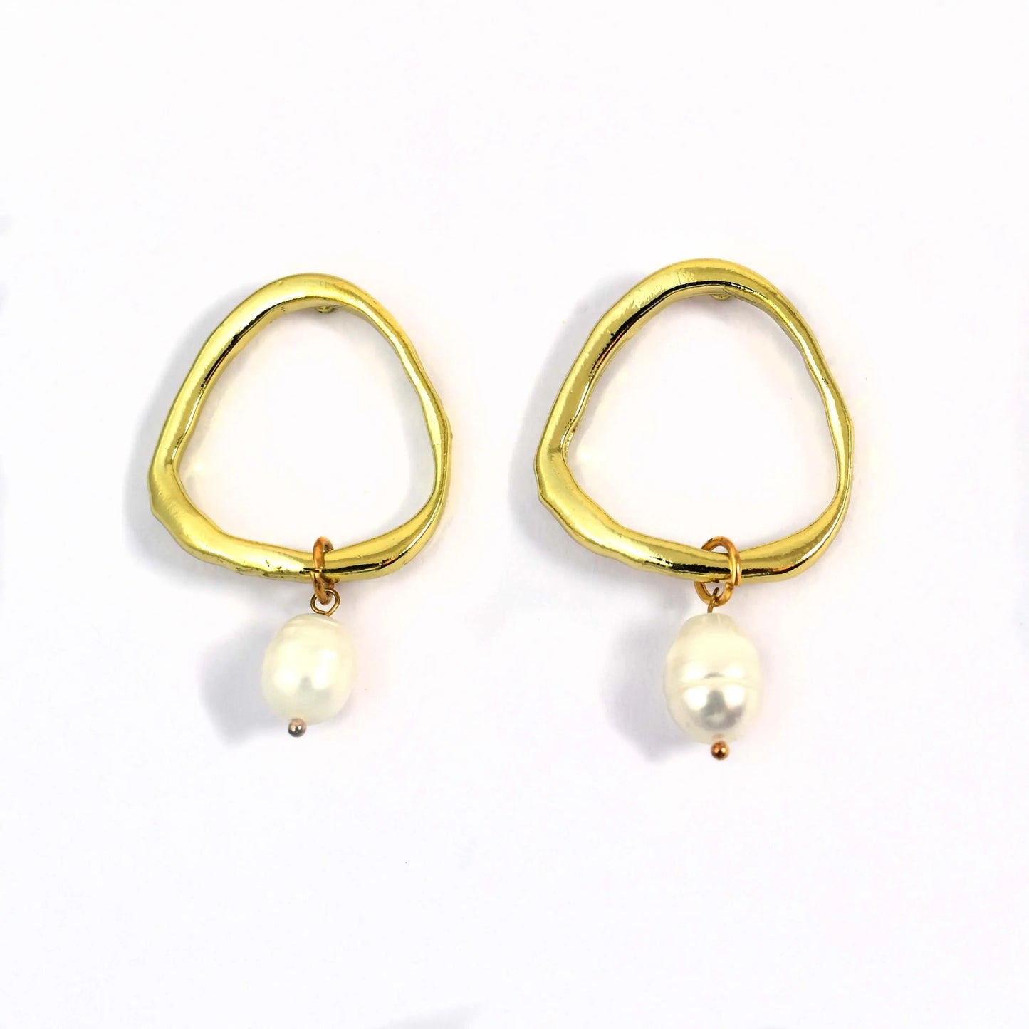 Irregular Round Gold Pearl Drop Earrings