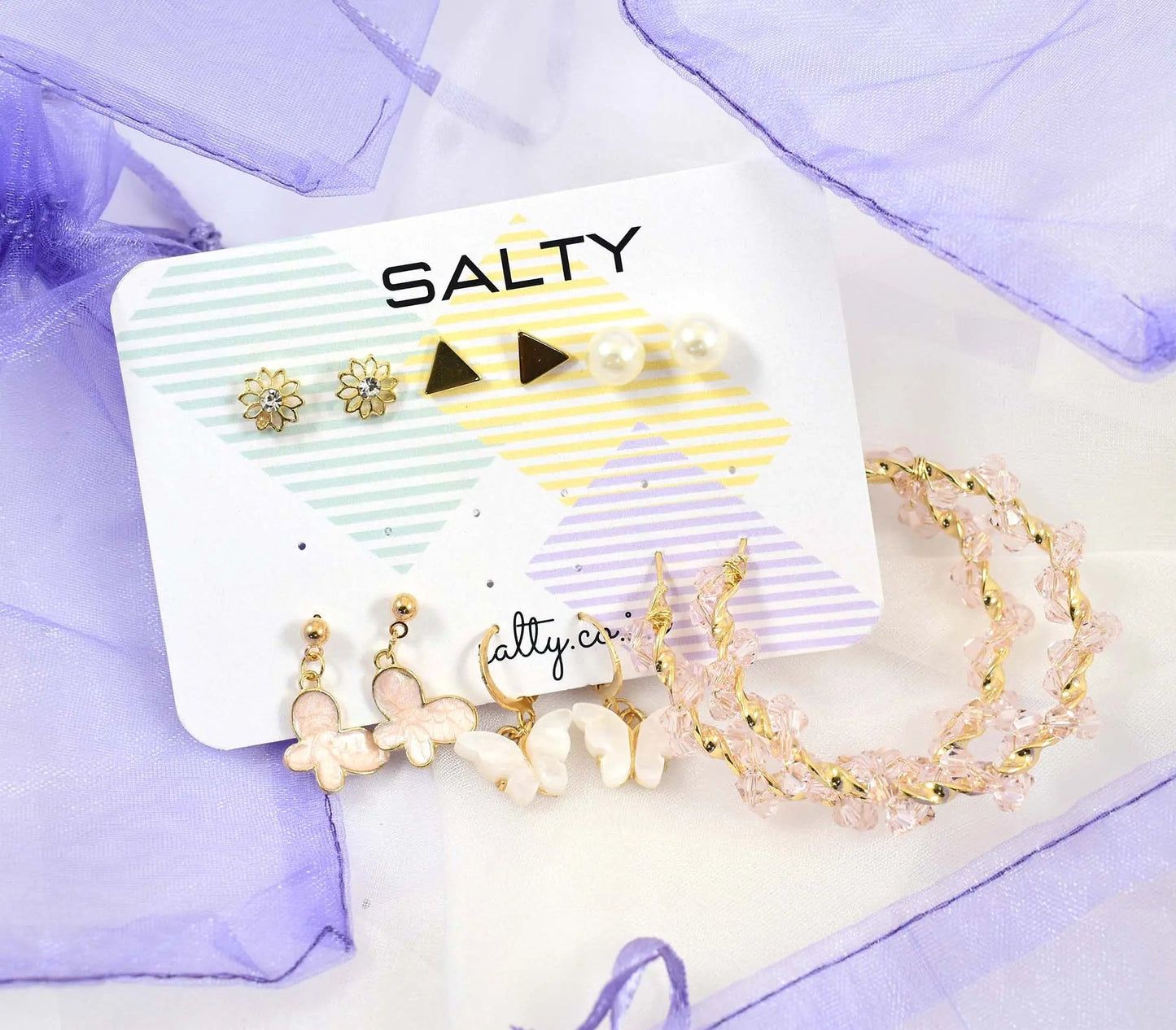 Set of 6 Pink Hoops and Butterfly Earrings and Studs