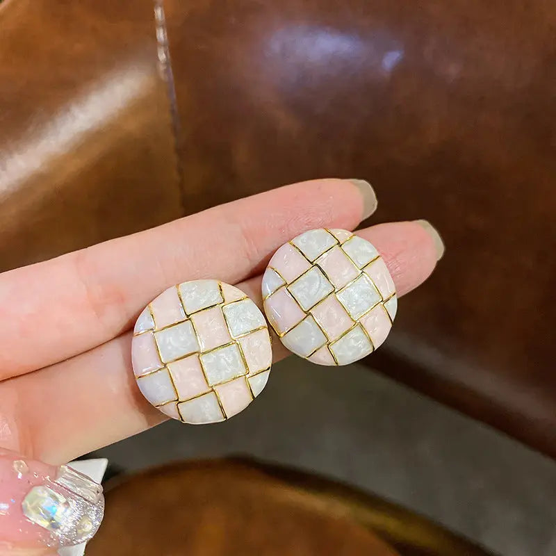 Mosaic Pink White Checker Round Stud Earrings