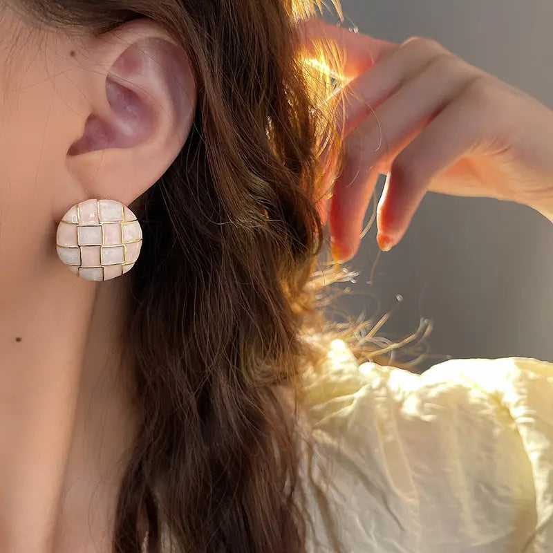 Mosaic Pink White Checker Round Stud Earrings