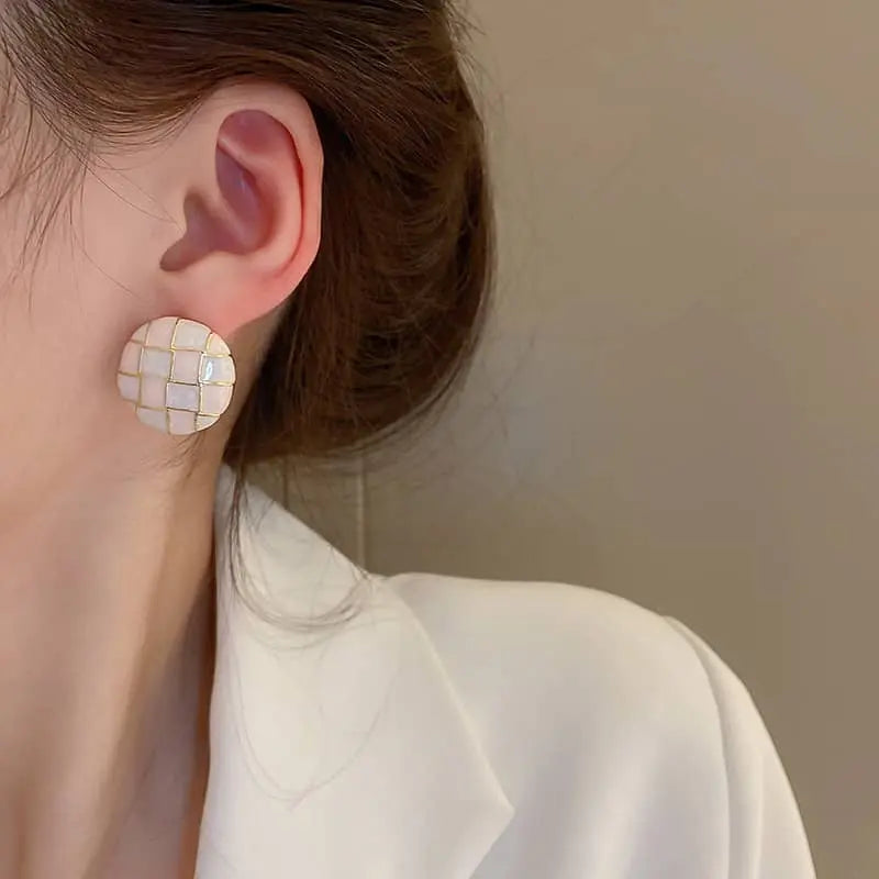 Mosaic Pink White Checker Round Stud Earrings