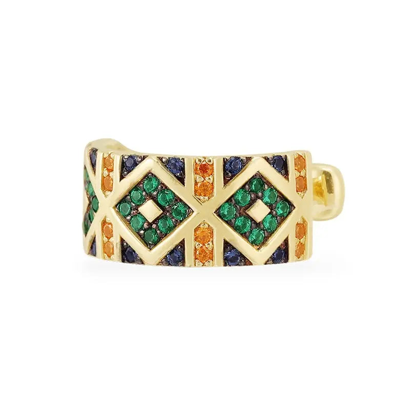 No-Piercing Green Diamond Gold Plated Hoops Cuffs Earrings