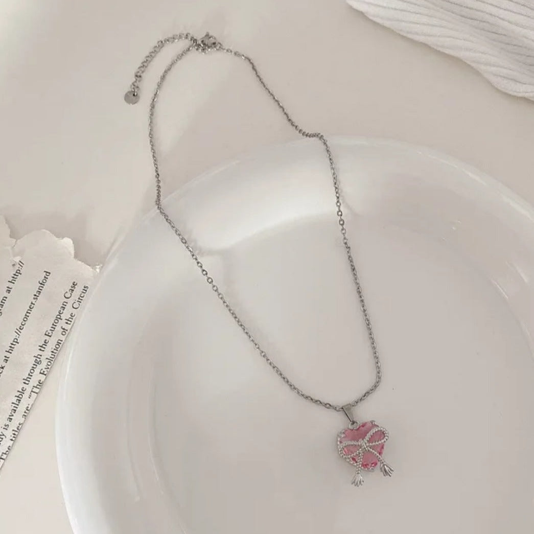 Pink Crystal Heart & Bow Necklace Salty