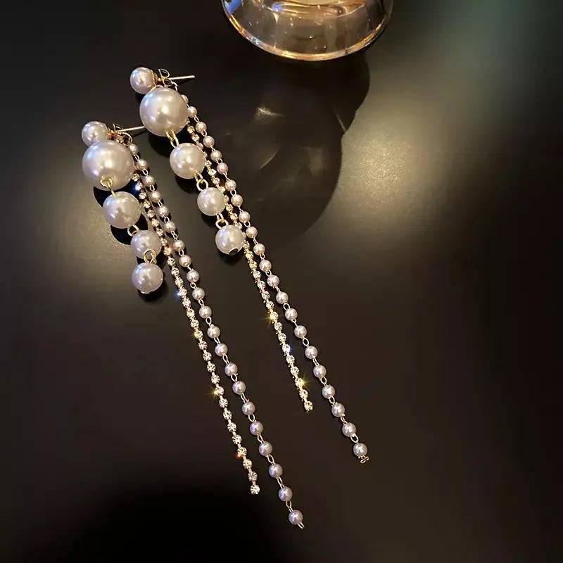 Romantic Pearl Zircon Long Tassel Earrings (2-in-1) | Salty