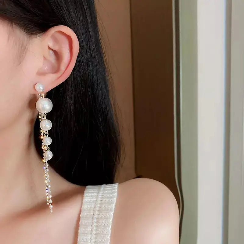 Romantic Pearl Zircon Long Tassel Earrings (2-in-1) | Salty