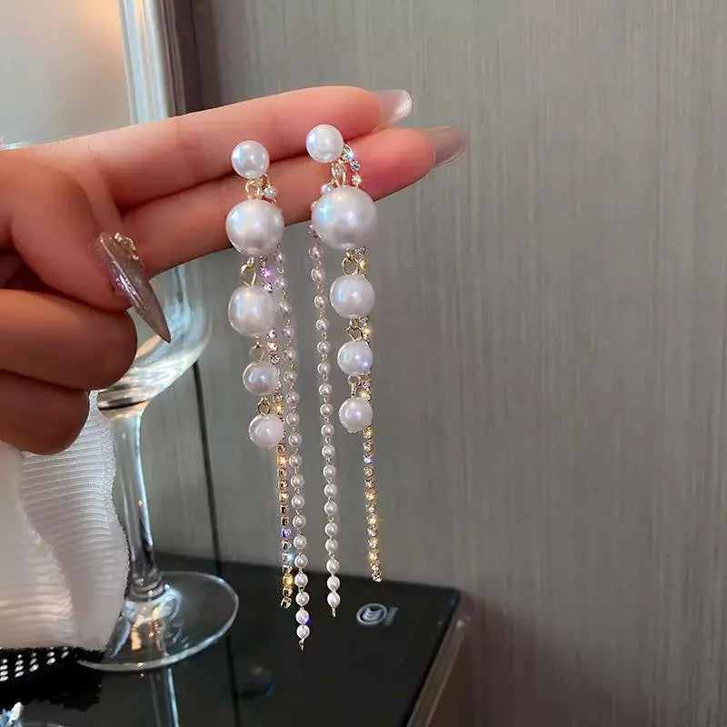 Romantic Pearl Zircon Long Tassel Earrings (2-in-1) | Salty