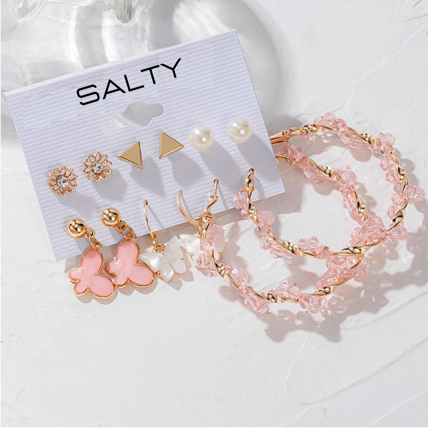 Set of 6 Pink Hoops and Butterfly Earrings and Studs | Salty