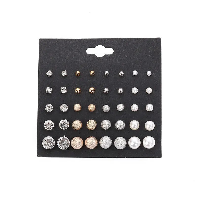 Set of 20 Pearl, Zircon and Frosted Beads Stud Earrings