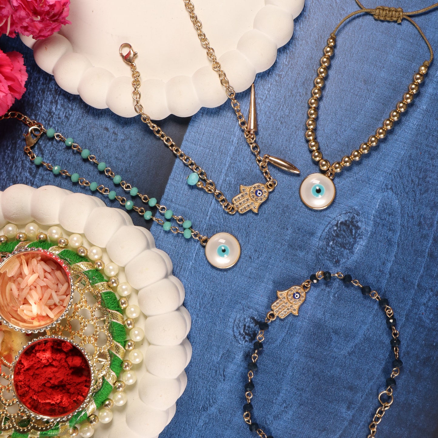 Set of 4 Hamsa and Beaded Evil Eye Rakhi Salty