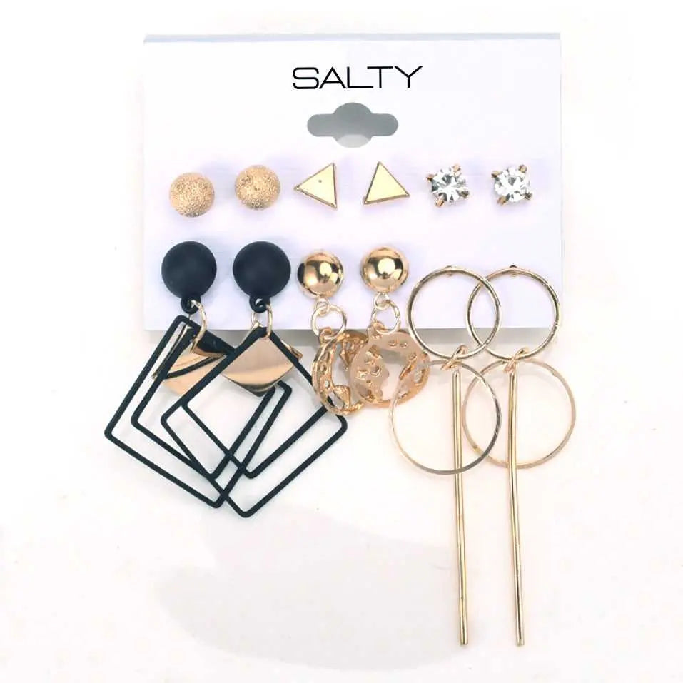 Set of 6 Long Drop Gold and Black Earrings and Studs