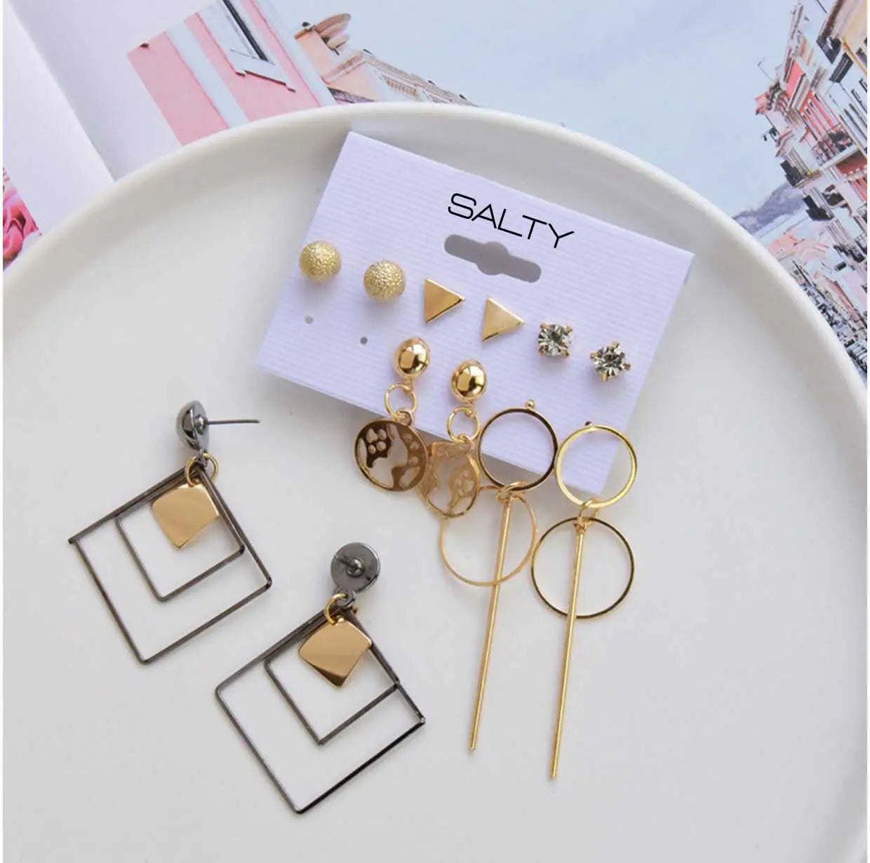 Set of 6 Long Drop Gold and Black Earrings and Studs