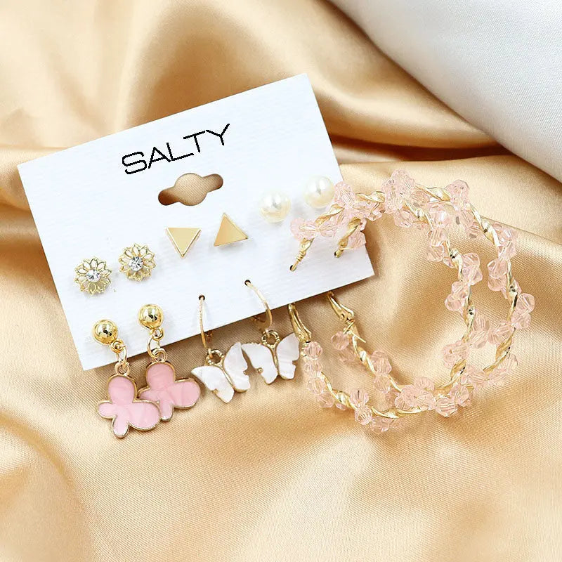 Set of 6 Pink Hoops and Butterfly Earrings and Studs