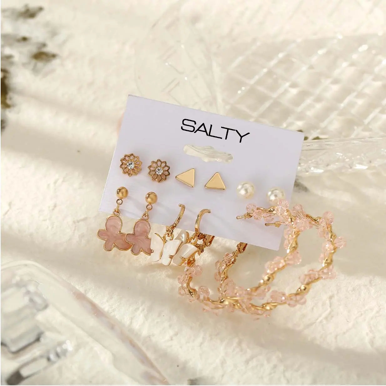 Set of 6 Pink Hoops and Butterfly Earrings and Studs