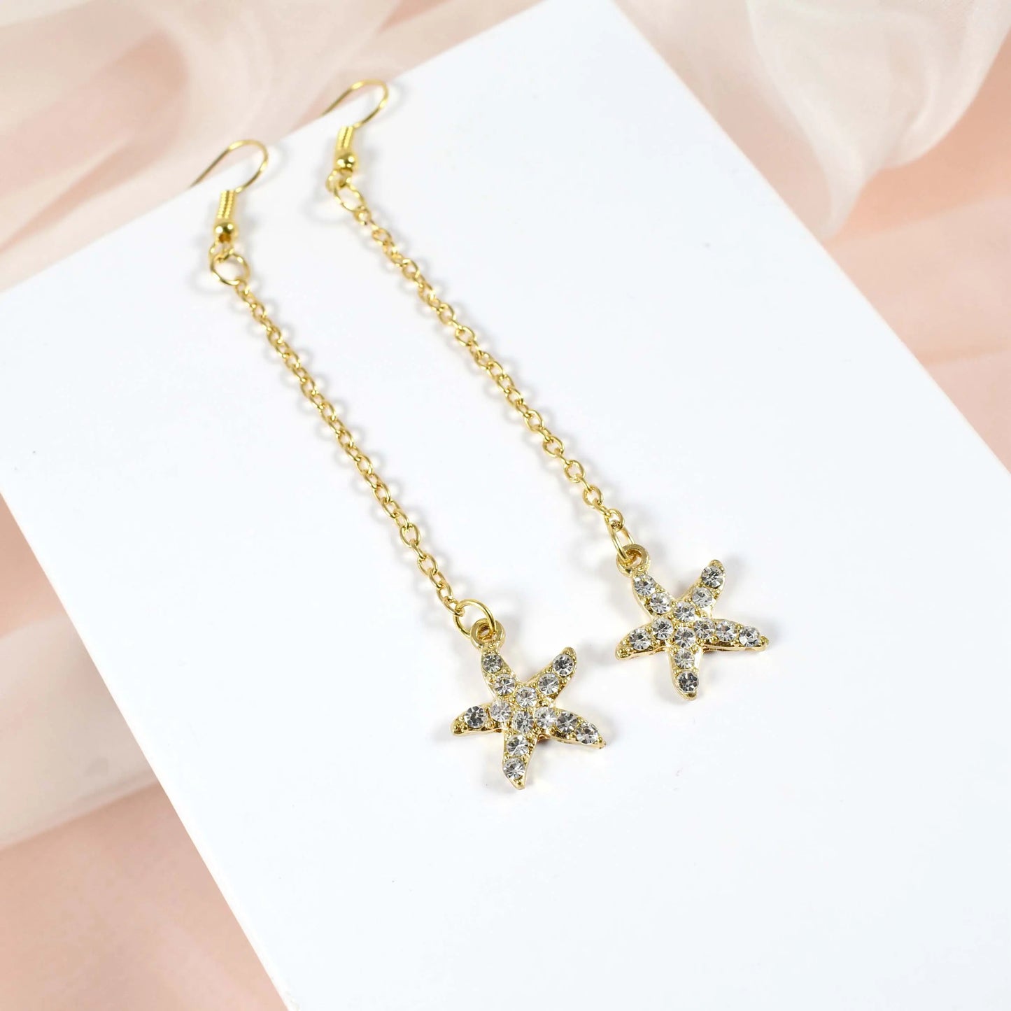 Starfish Chain Brass Plated Studded Tassel Drop Earrings