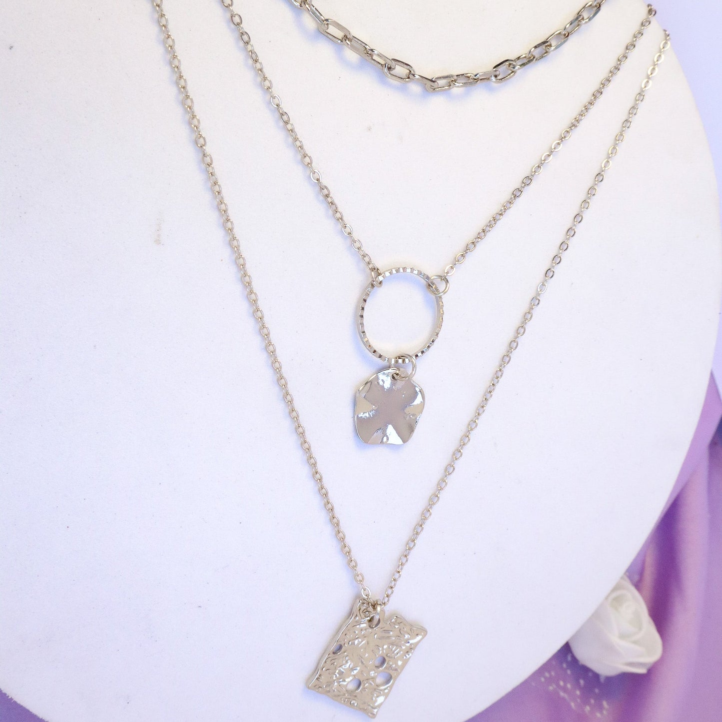 Three Layered Copper Square Round Necklace