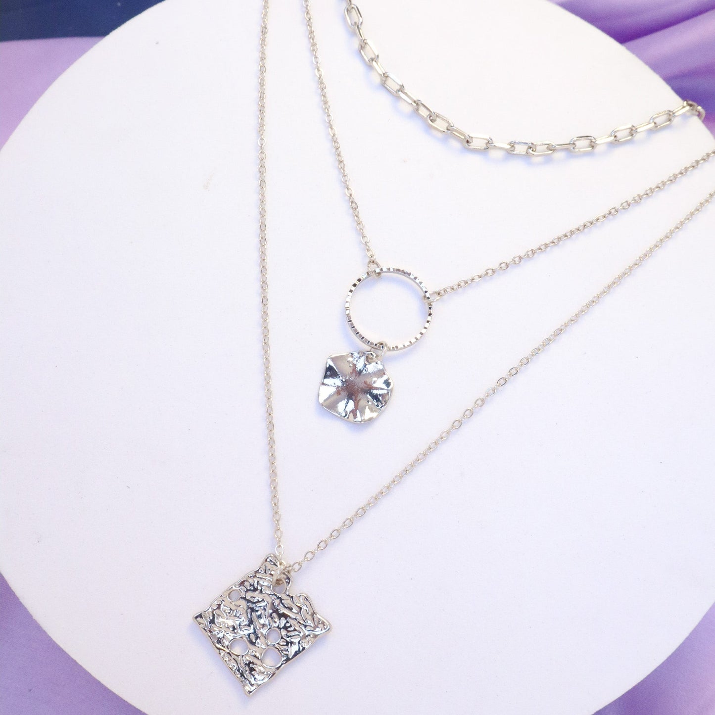Three Layered Copper Square Round Necklace