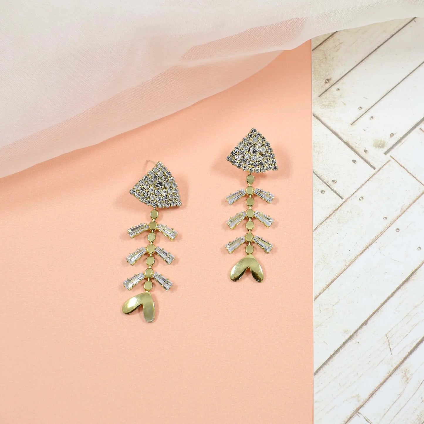Crystal fishbone dangle gold earring