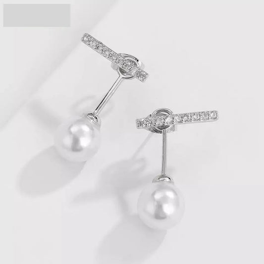 2-in-1 Zircon Studded Pearl Drop Front and Back Earrings - Silver | Salty