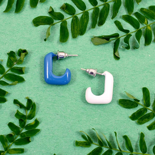 Asymmetric Square Enamel Small Hoop Earrings - Blue White