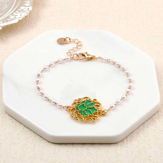 Serenity Lotus Green Charm Gold Bracelet