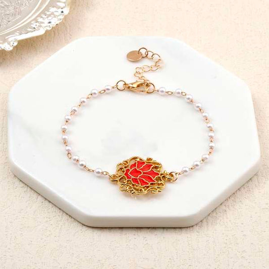 Serenity Lotus Red Charm Gold Bracelet