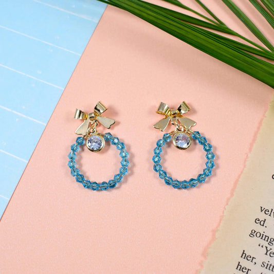 Beaded Aqua Crystal Bow Drop Earrings