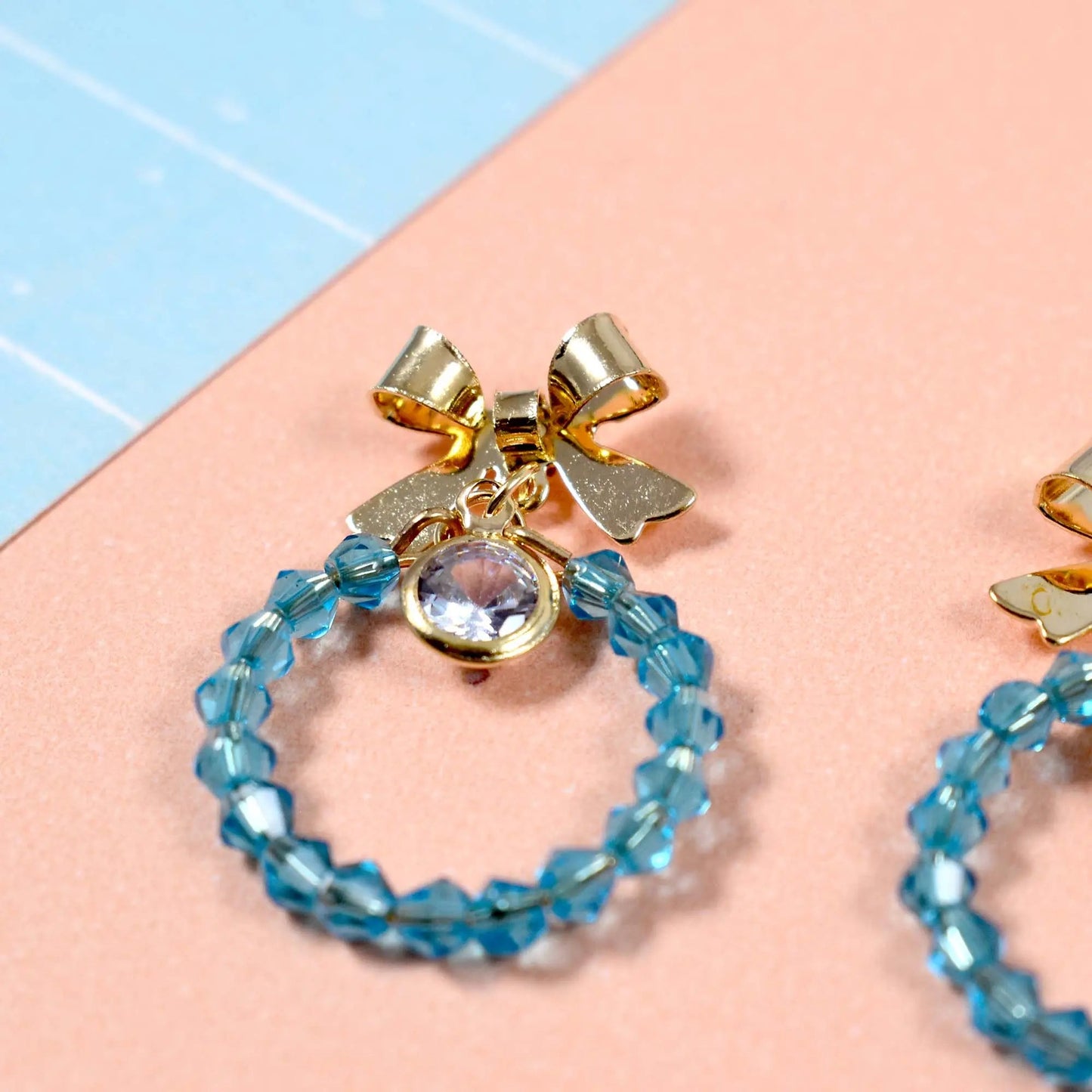 Beaded Aqua Crystal Bow Drop Earrings