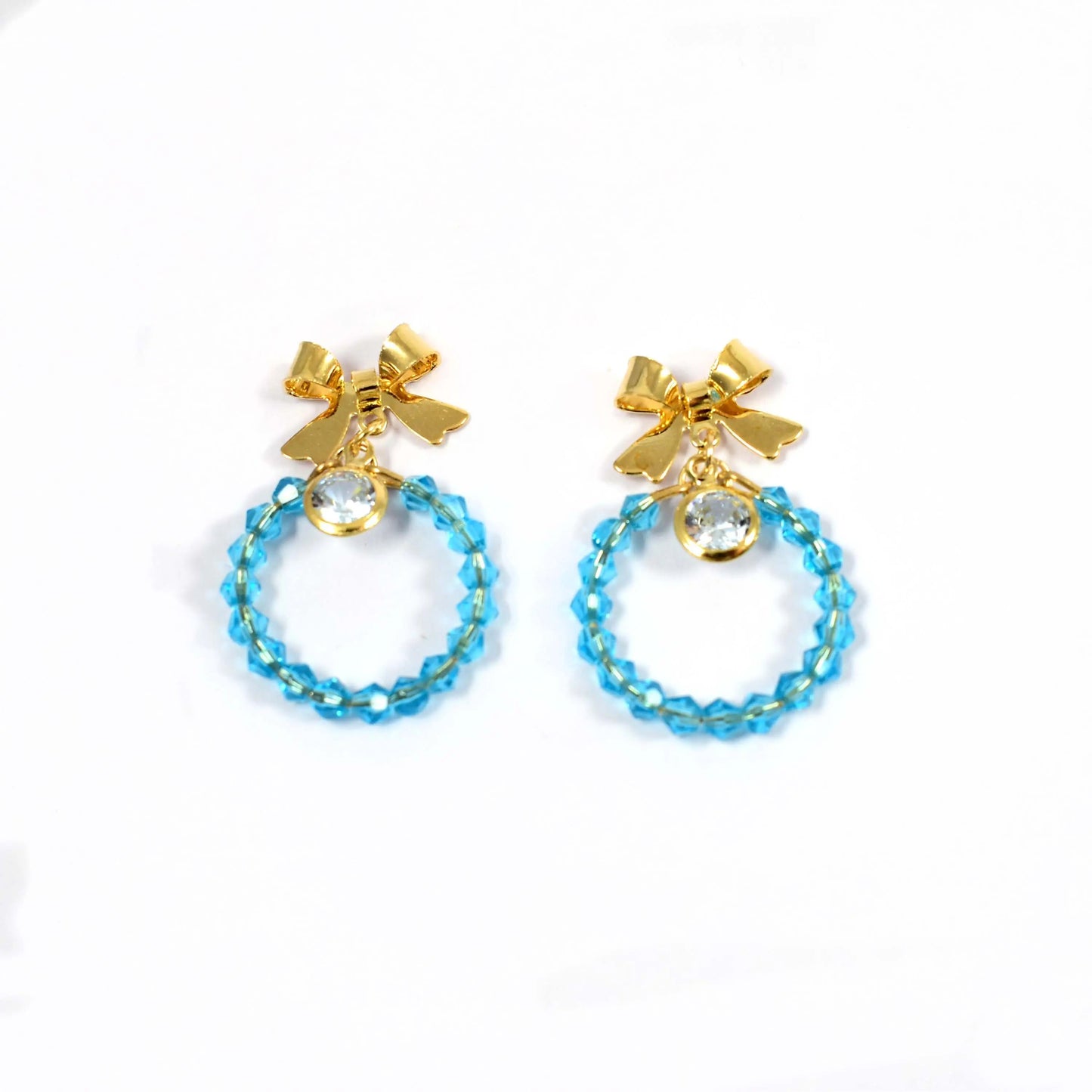 Beaded Aqua Crystal Bow Drop Earrings