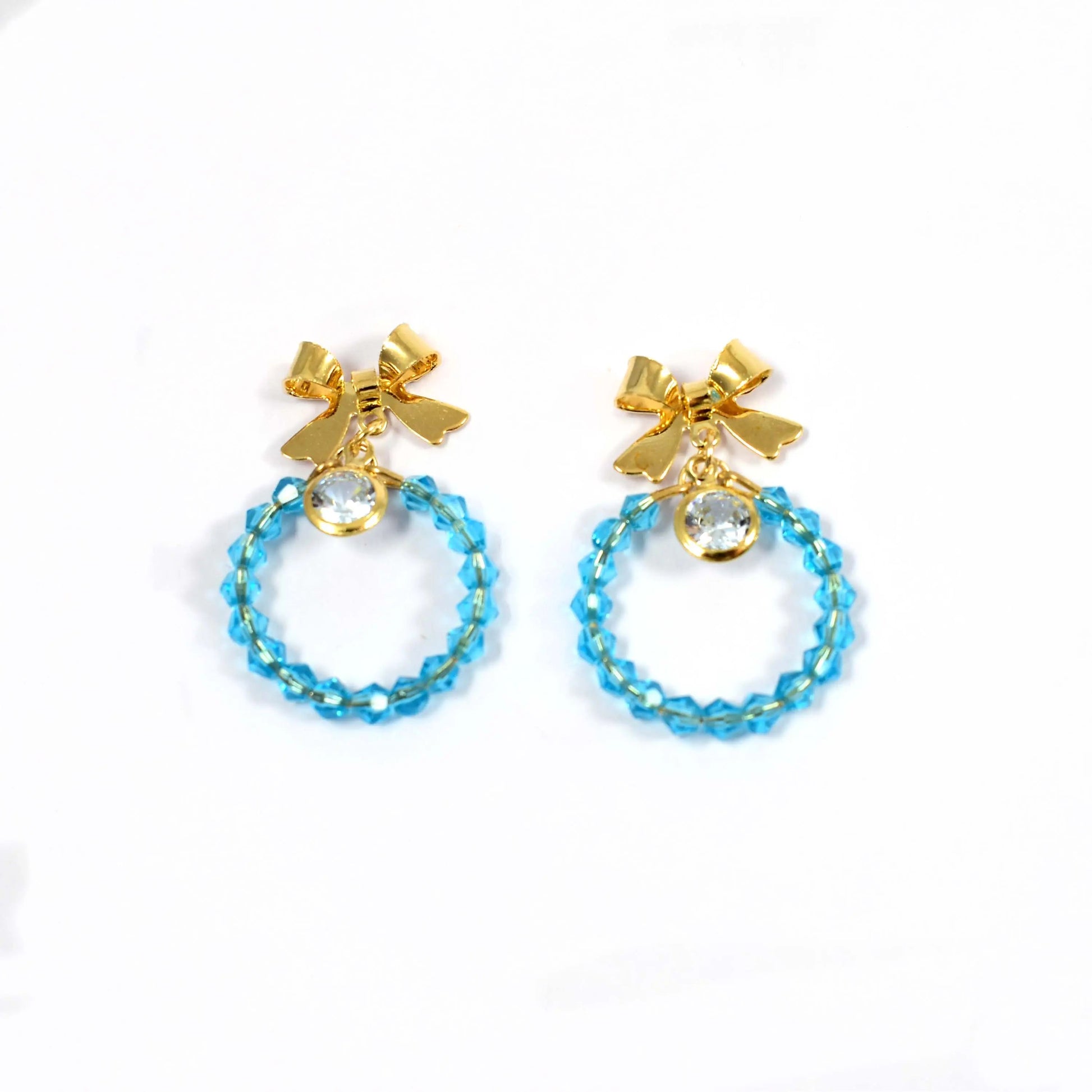 Beaded Aqua Crystal Bow Drop Earrings