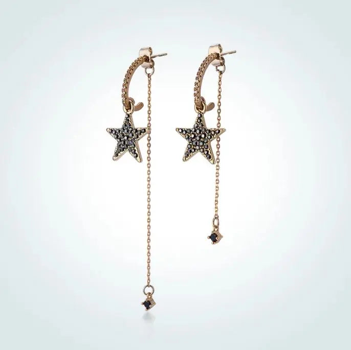 Curved Black Star Studded Tassel Earrings
