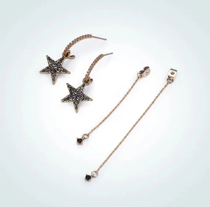 Curved Black Star Studded Tassel Earrings