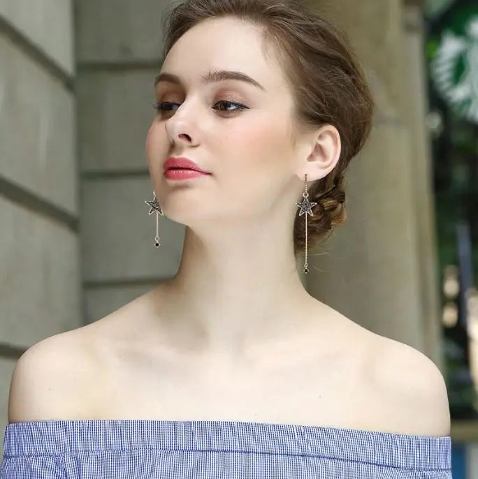 Curved Black Star Studded Tassel Earrings