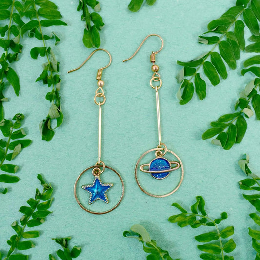 Blue Star Planet Dangle Hoop Earrings