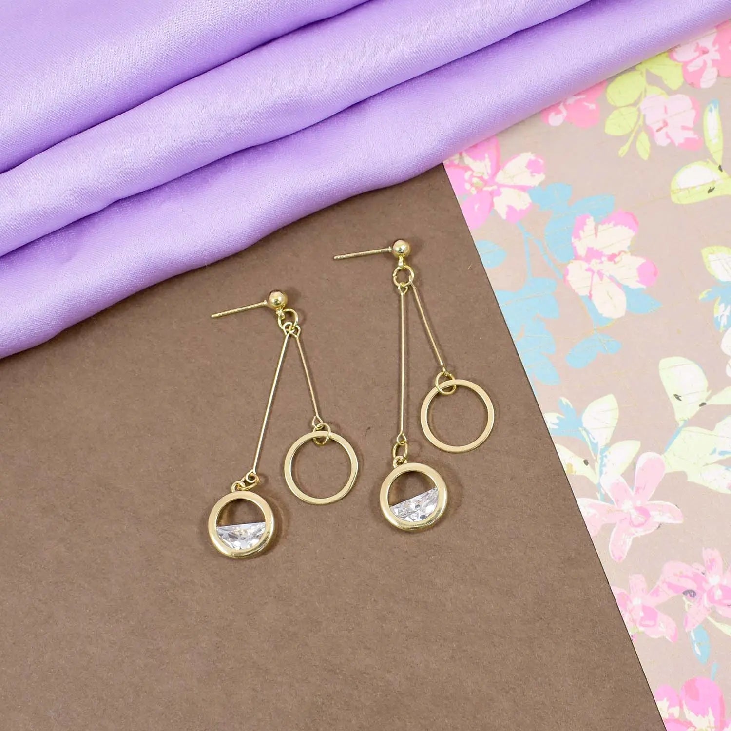 Crystal detail gold ring drop earrings