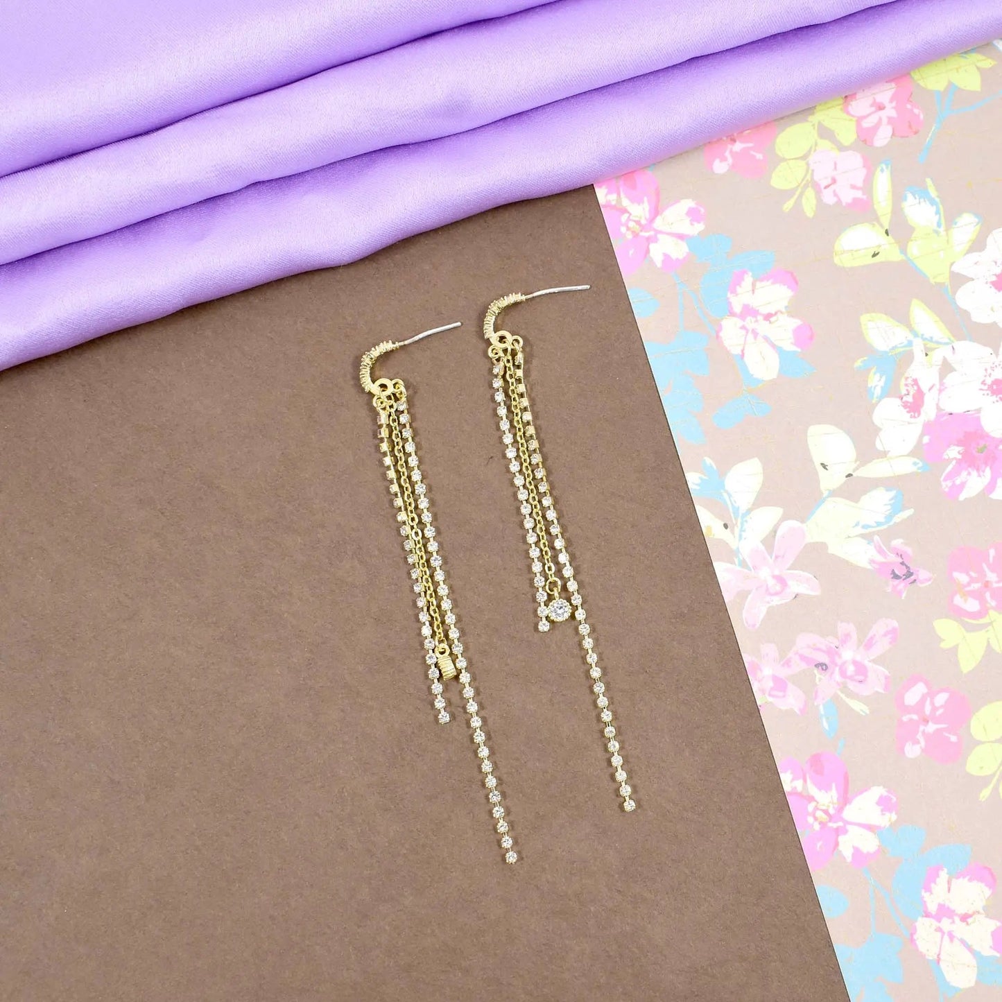 Crystal flower arched long drop gold earrings