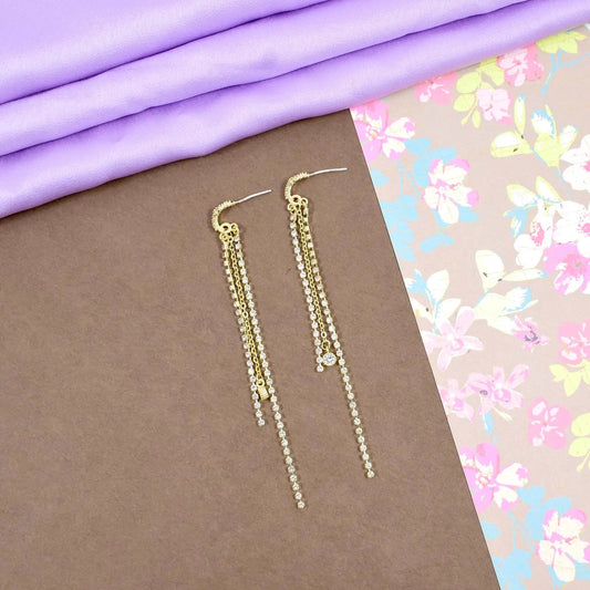 Crystal flower arched long drop gold earrings