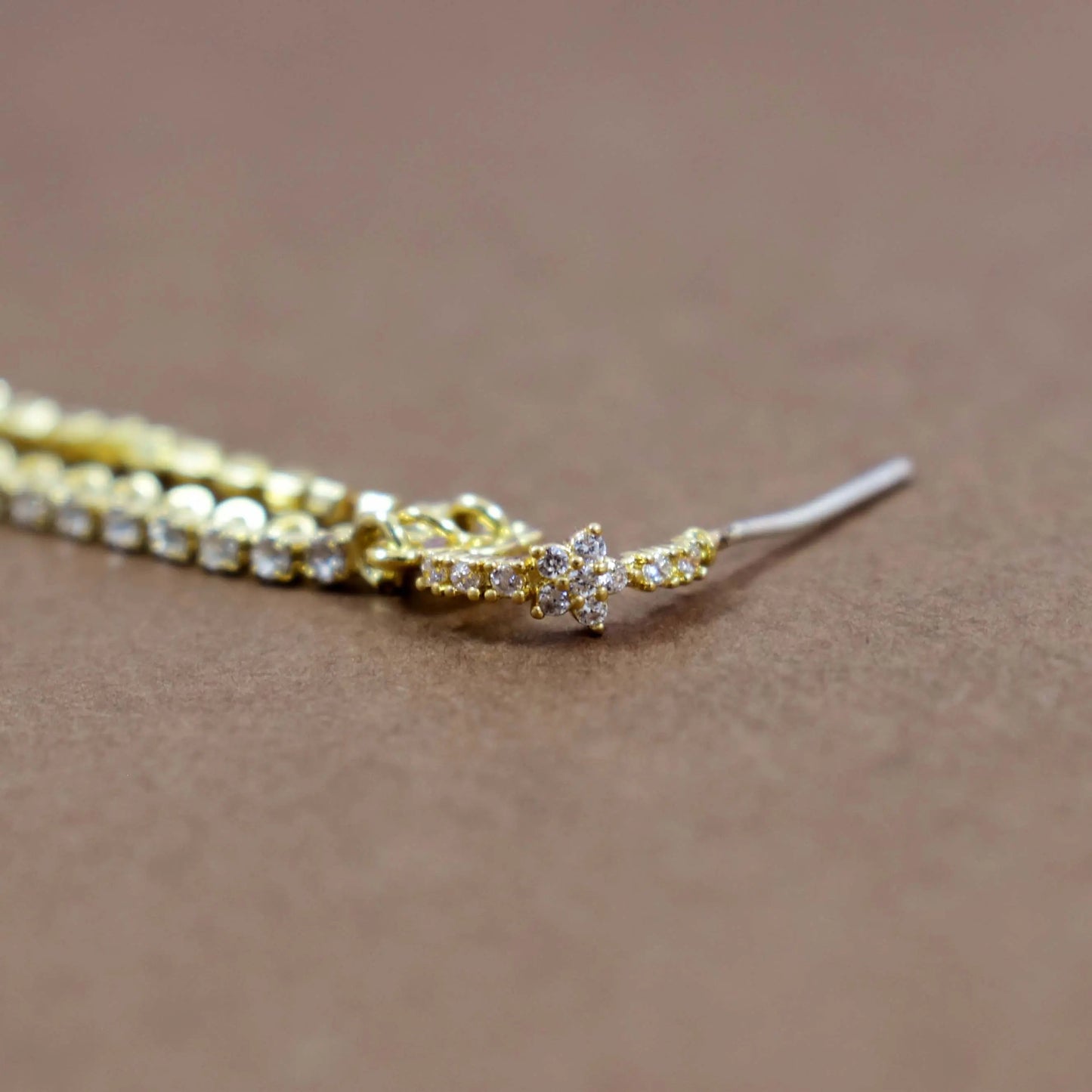 Crystal flower arched long drop gold earrings